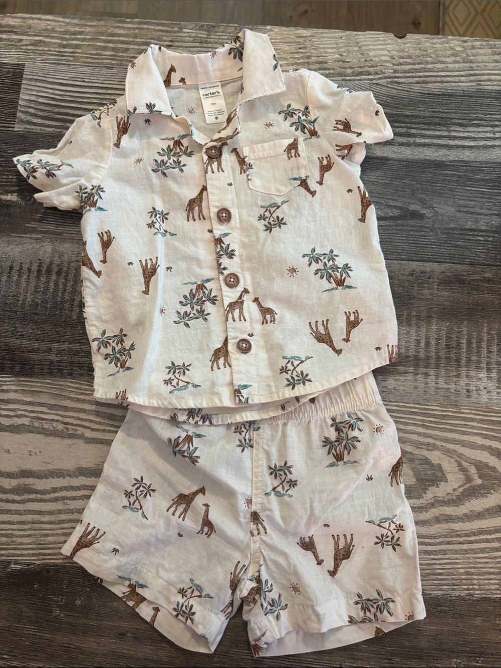 Carter's Cream button up set with Brown Giraffe Print